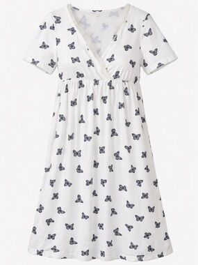 Shein Butterfly Print Babydoll Dress White Lace Trim Lounge Sleepwear Size S